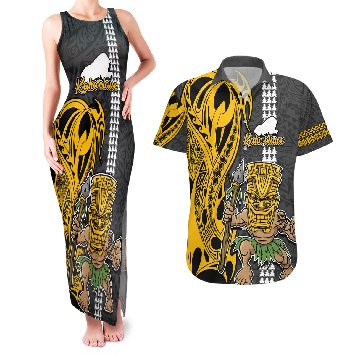 Hawaii Kahoolawe Island Couples Matching Tank Maxi Dress and Hawaiian Shirt Hawaiian Warrior and Kakau Symbols Abstract Tattoo LT03 Yellow - Polynesian Pride