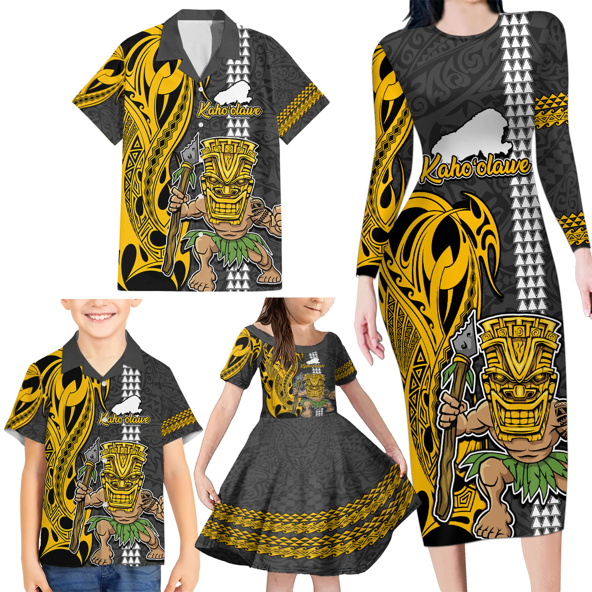 Hawaii Kahoolawe Island Family Matching Long Sleeve Bodycon Dress and Hawaiian Shirt Hawaiian Warrior and Kakau Symbols Abstract Tattoo LT03 - Polynesian Pride