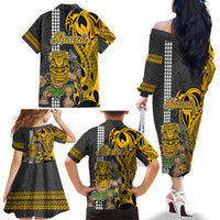 Hawaii Kahoolawe Island Family Matching Off Shoulder Long Sleeve Dress and Hawaiian Shirt Hawaiian Warrior and Kakau Symbols Abstract Tattoo LT03 - Polynesian Pride