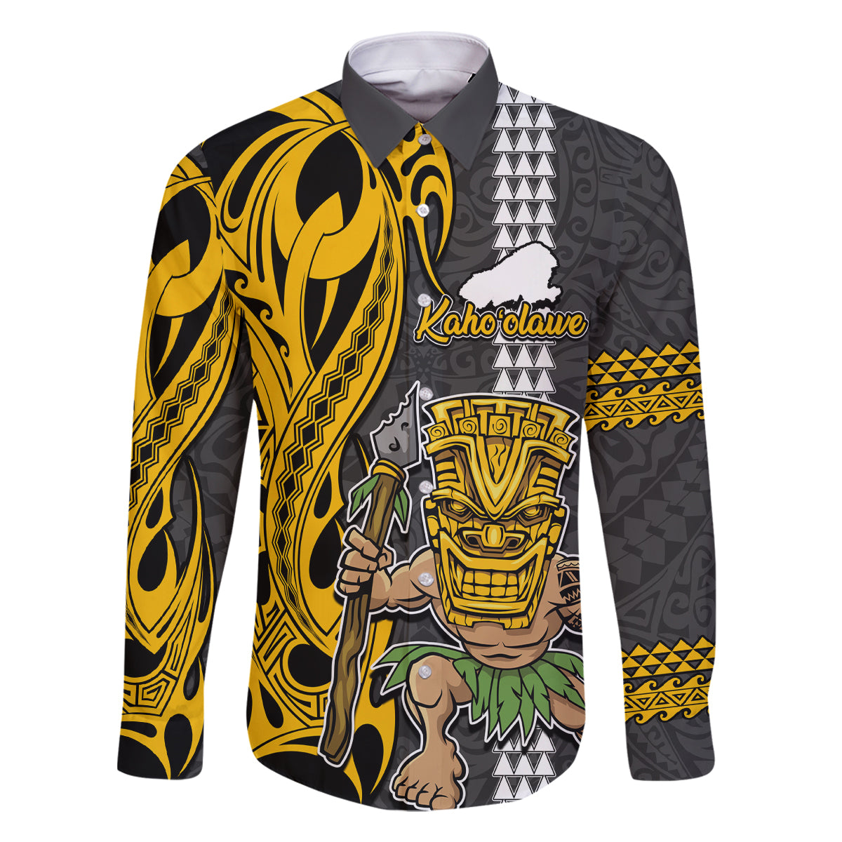 Hawaii Kahoolawe Island Family Matching Off Shoulder Maxi Dress and Hawaiian Shirt Hawaiian Warrior and Kakau Symbols Abstract Tattoo LT03 Dad's Shirt - Long Sleeve Yellow - Polynesian Pride