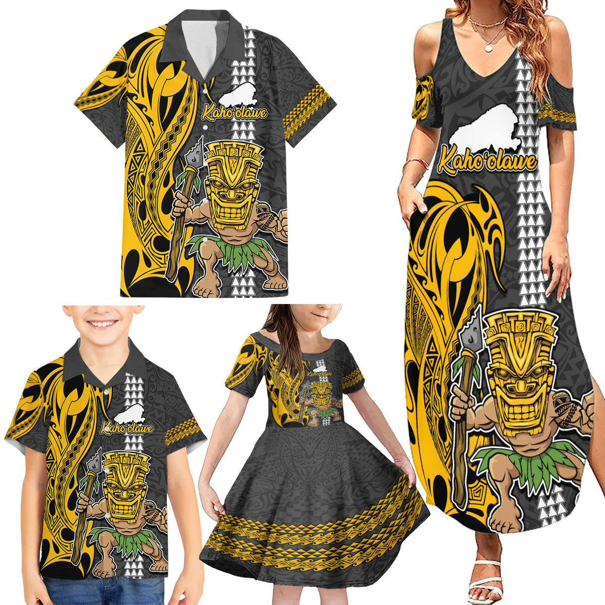 Hawaii Kahoolawe Island Family Matching Summer Maxi Dress and Hawaiian Shirt Hawaiian Warrior and Kakau Symbols Abstract Tattoo LT03 - Polynesian Pride