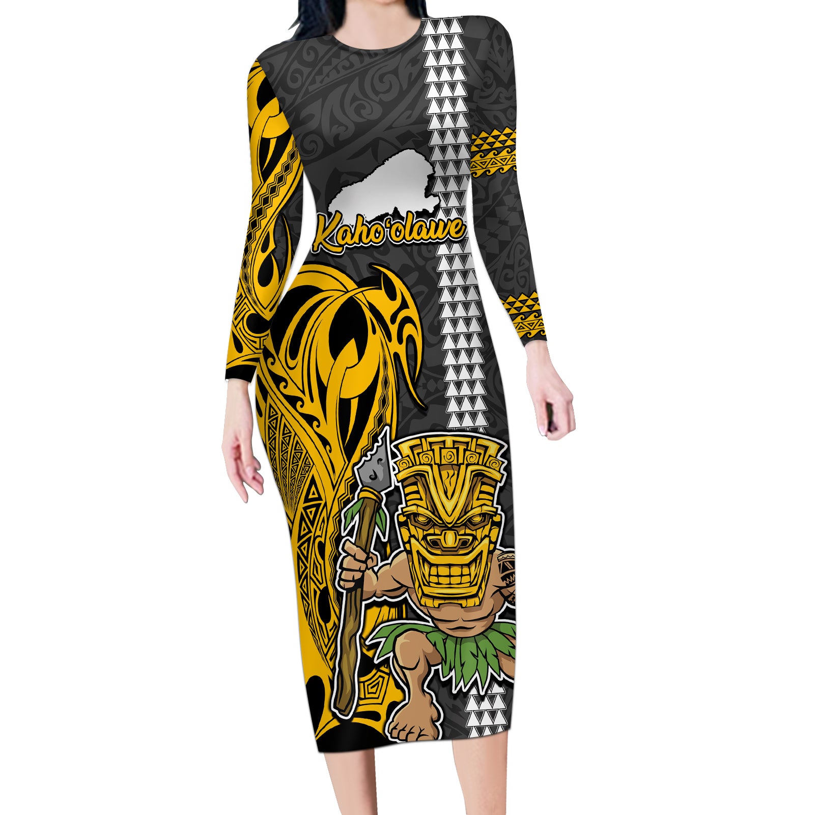 Hawaii Kahoolawe Island Long Sleeve Bodycon Dress Hawaiian Warrior and Kakau Symbols Abstract Tattoo LT03 Long Dress Yellow - Polynesian Pride