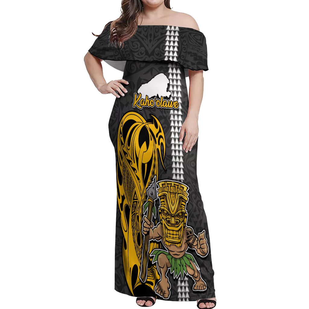 Hawaii Kahoolawe Island Off Shoulder Maxi Dress Hawaiian Warrior and Kakau Symbols Abstract Tattoo LT03 Women Yellow - Polynesian Pride
