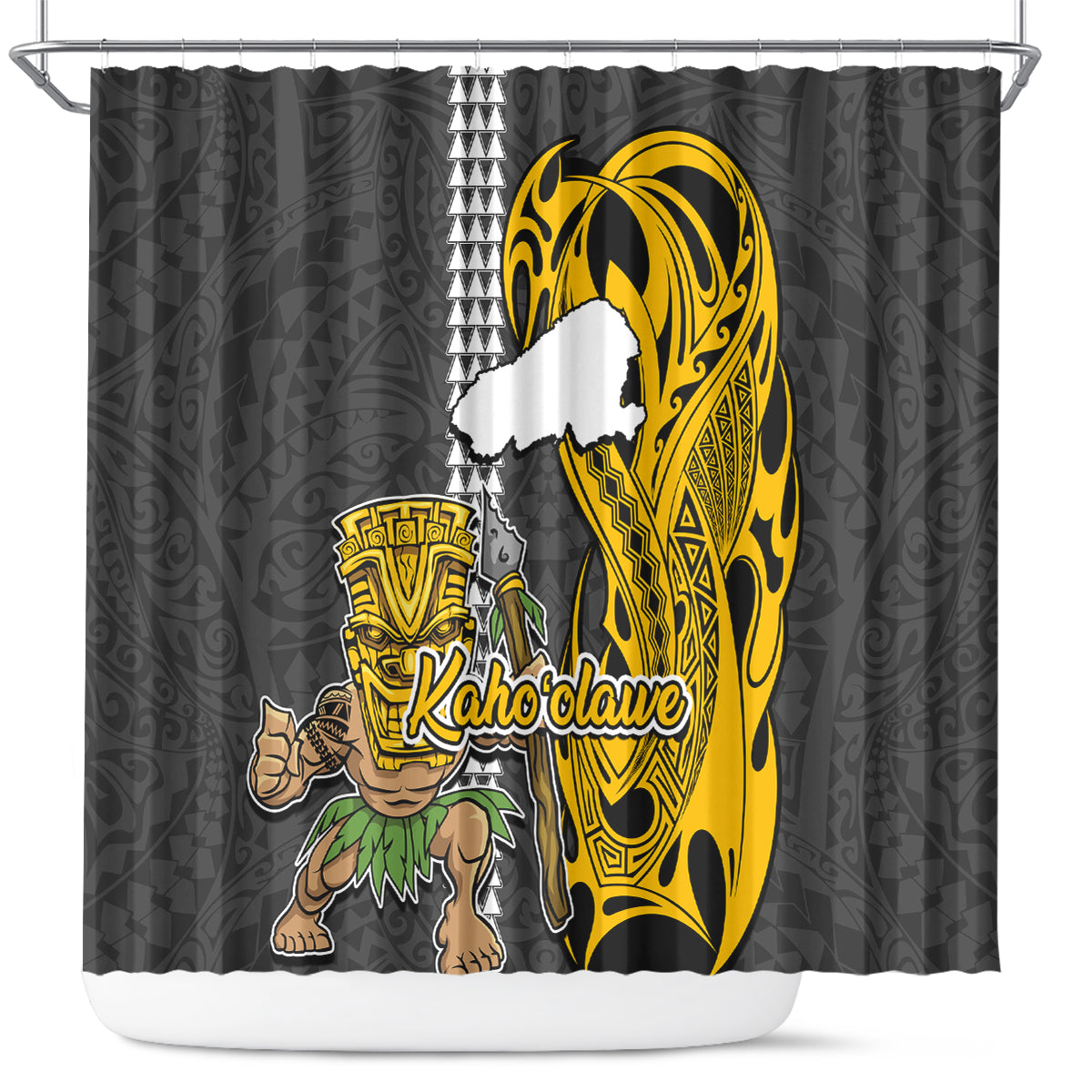 Hawaii Kahoolawe Island Shower Curtain Hawaiian Warrior and Kakau Symbols Abstract Tattoo LT03 Yellow - Polynesian Pride