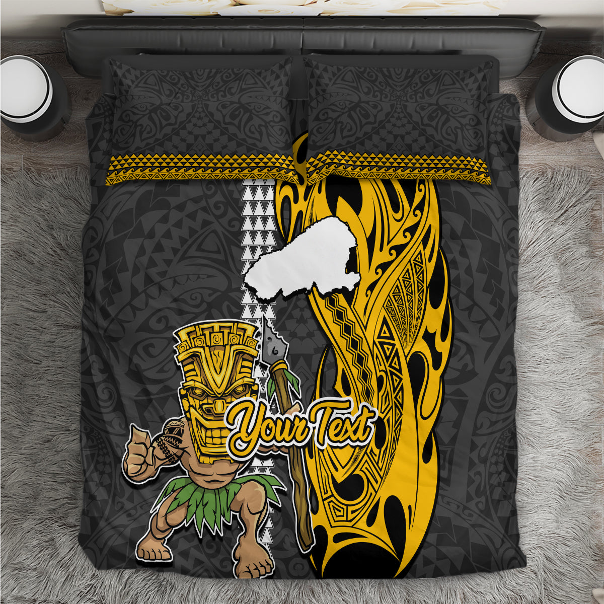 Custom Hawaii Kahoolawe Island Bedding Set Hawaiian Warrior and Kakau Symbols Abstract Tattoo LT03 Yellow - Polynesian Pride