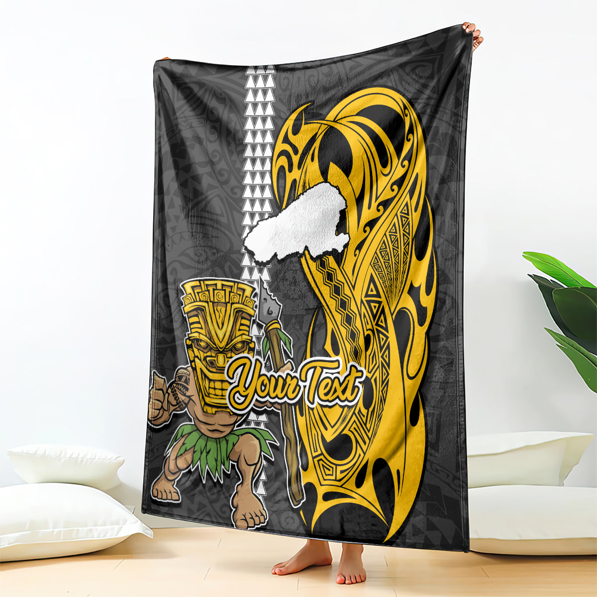 Custom Hawaii Kahoolawe Island Blanket Hawaiian Warrior and Kakau Symbols Abstract Tattoo LT03 Yellow - Polynesian Pride