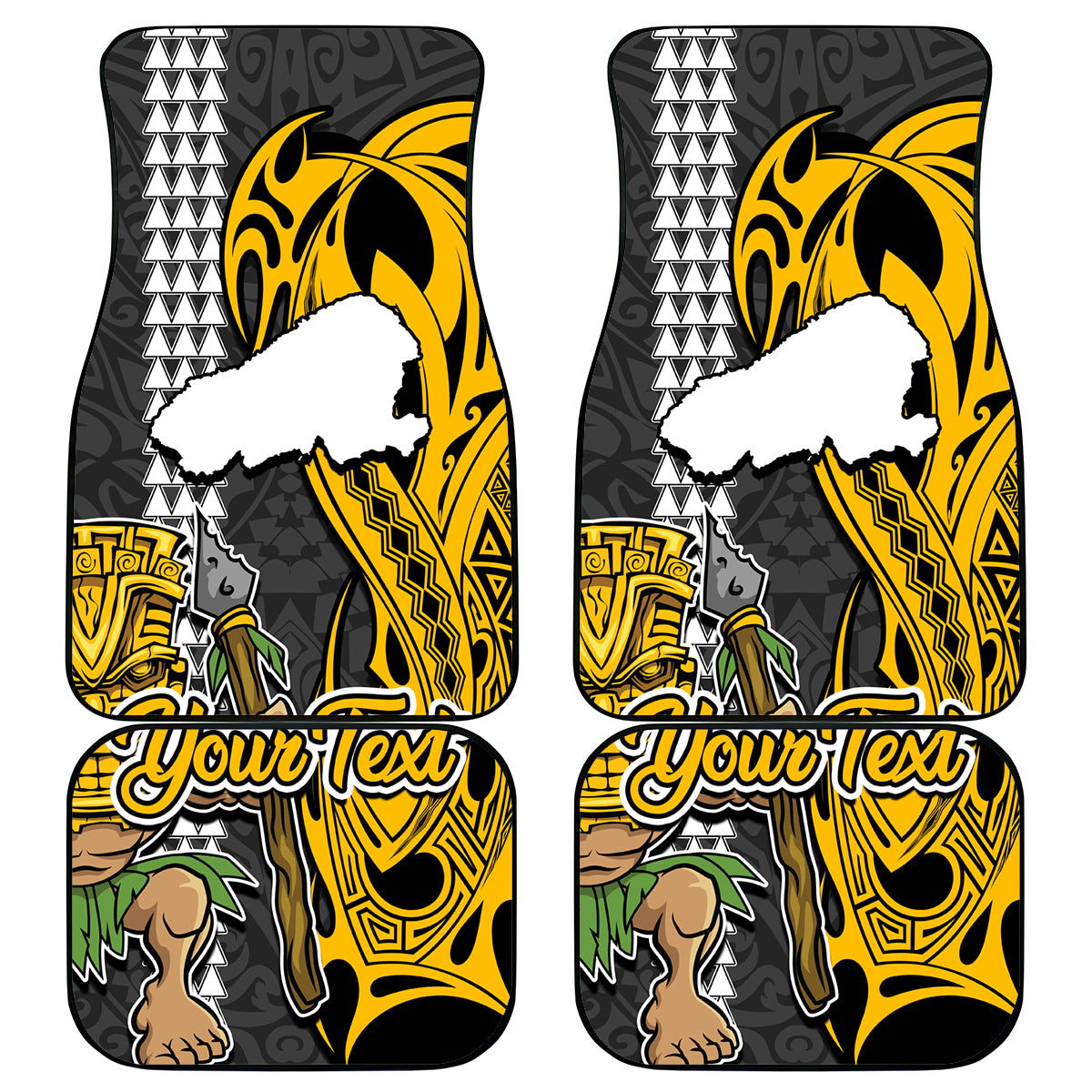 Custom Hawaii Kahoolawe Island Car Mats Hawaiian Warrior and Kakau Symbols Abstract Tattoo LT03 Yellow - Polynesian Pride