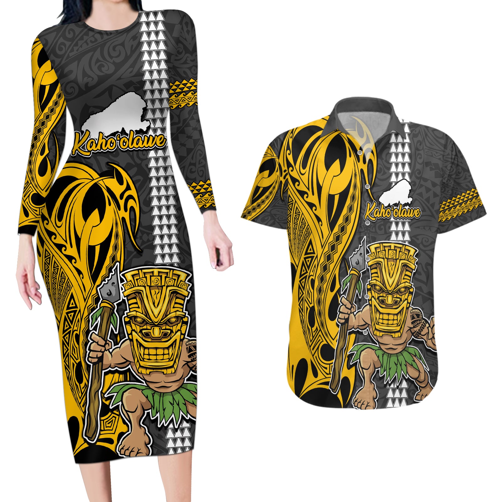 Custom Hawaii Kahoolawe Island Couples Matching Long Sleeve Bodycon Dress and Hawaiian Shirt Hawaiian Warrior and Kakau Symbols Abstract Tattoo LT03 Yellow - Polynesian Pride