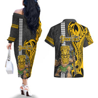 Custom Hawaii Kahoolawe Island Couples Matching Off The Shoulder Long Sleeve Dress and Hawaiian Shirt Hawaiian Warrior and Kakau Symbols Abstract Tattoo LT03 - Polynesian Pride