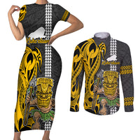 Custom Hawaii Kahoolawe Island Couples Matching Short Sleeve Bodycon Dress and Long Sleeve Button Shirts Hawaiian Warrior and Kakau Symbols Abstract Tattoo LT03 Yellow - Polynesian Pride