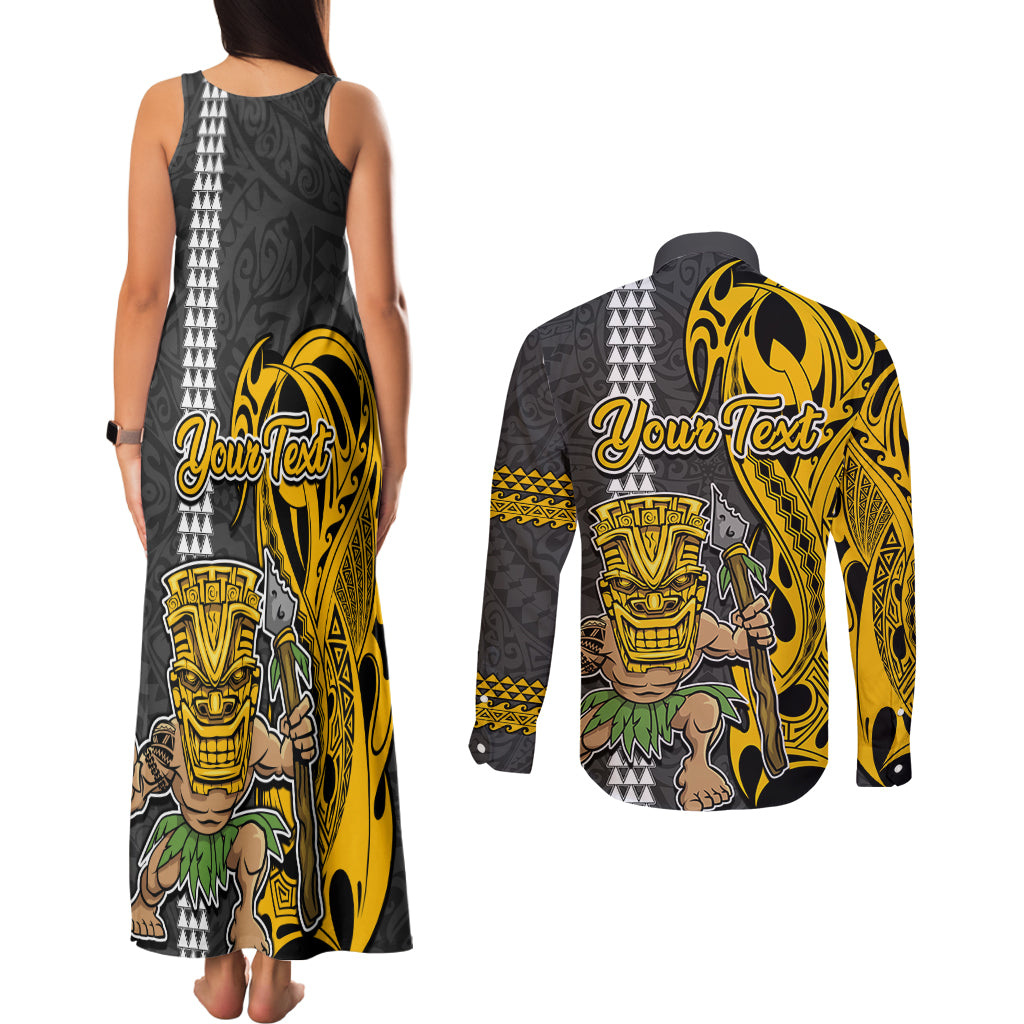 Custom Hawaii Kahoolawe Island Couples Matching Tank Maxi Dress and Long Sleeve Button Shirts Hawaiian Warrior and Kakau Symbols Abstract Tattoo LT03 - Polynesian Pride
