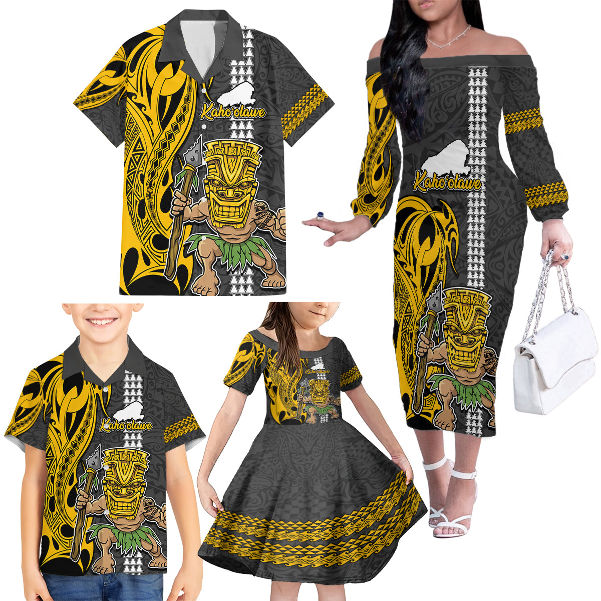 Custom Hawaii Kahoolawe Island Family Matching Off Shoulder Long Sleeve Dress and Hawaiian Shirt Hawaiian Warrior and Kakau Symbols Abstract Tattoo LT03 - Polynesian Pride