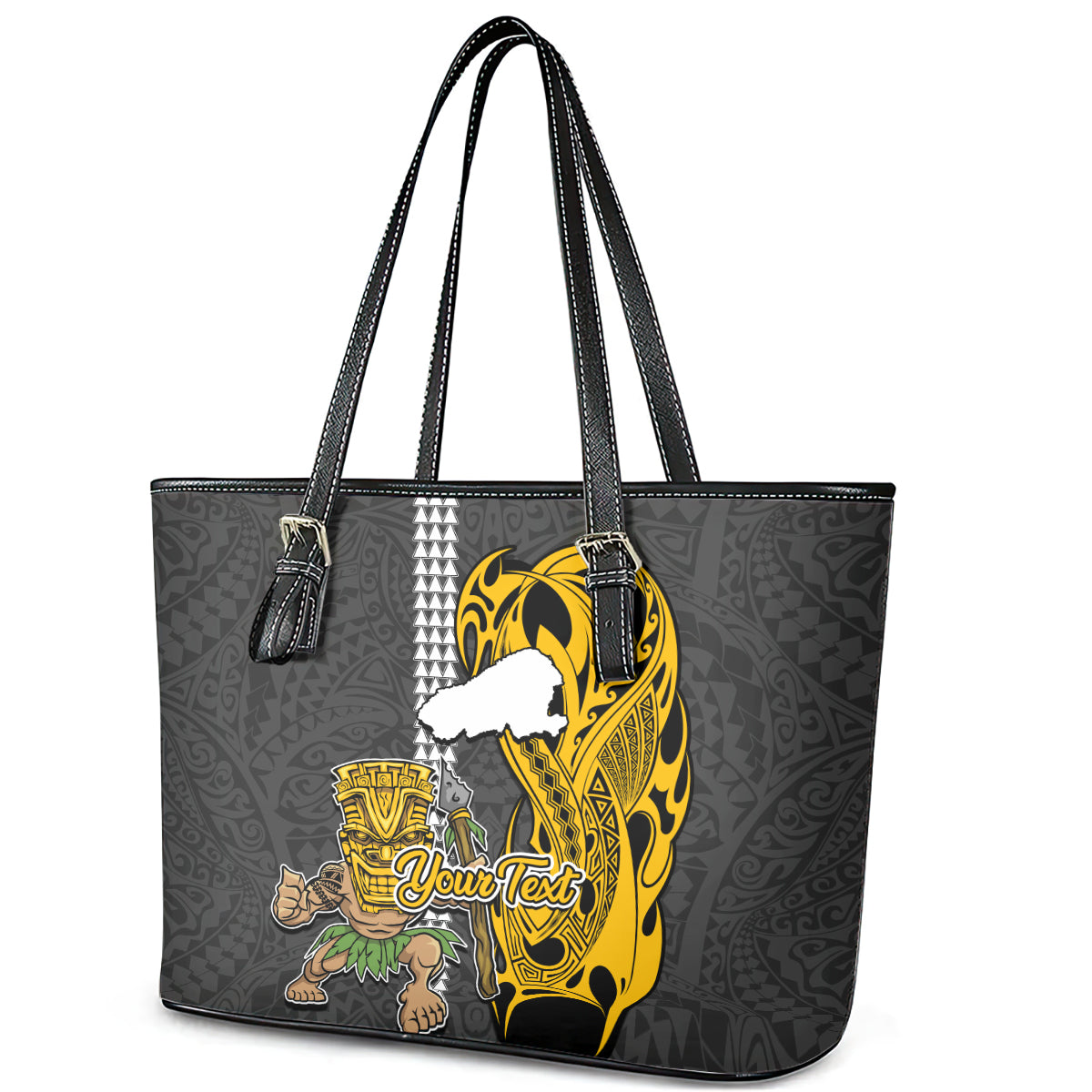 Custom Hawaii Kahoolawe Island Leather Tote Bag Hawaiian Warrior and Kakau Symbols Abstract Tattoo LT03 - Polynesian Pride