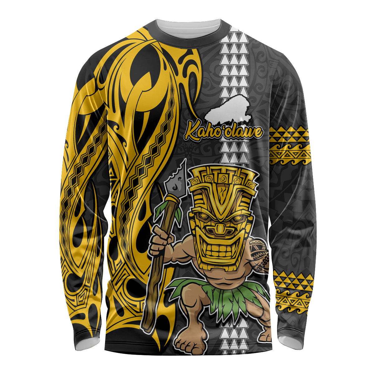 Custom Hawaii Kahoolawe Island Long Sleeve Shirt Hawaiian Warrior and Kakau Symbols Abstract Tattoo LT03 Unisex Yellow - Polynesian Pride