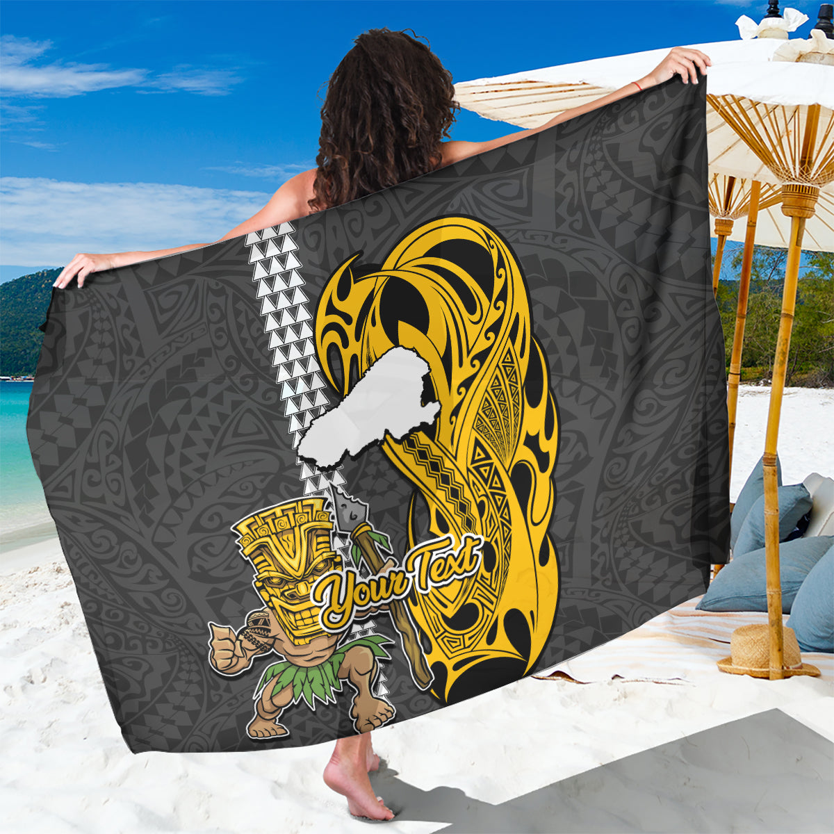 Custom Hawaii Kahoolawe Island Sarong Hawaiian Warrior and Kakau Symbols Abstract Tattoo LT03 One Size 44 x 66 inches Yellow - Polynesian Pride