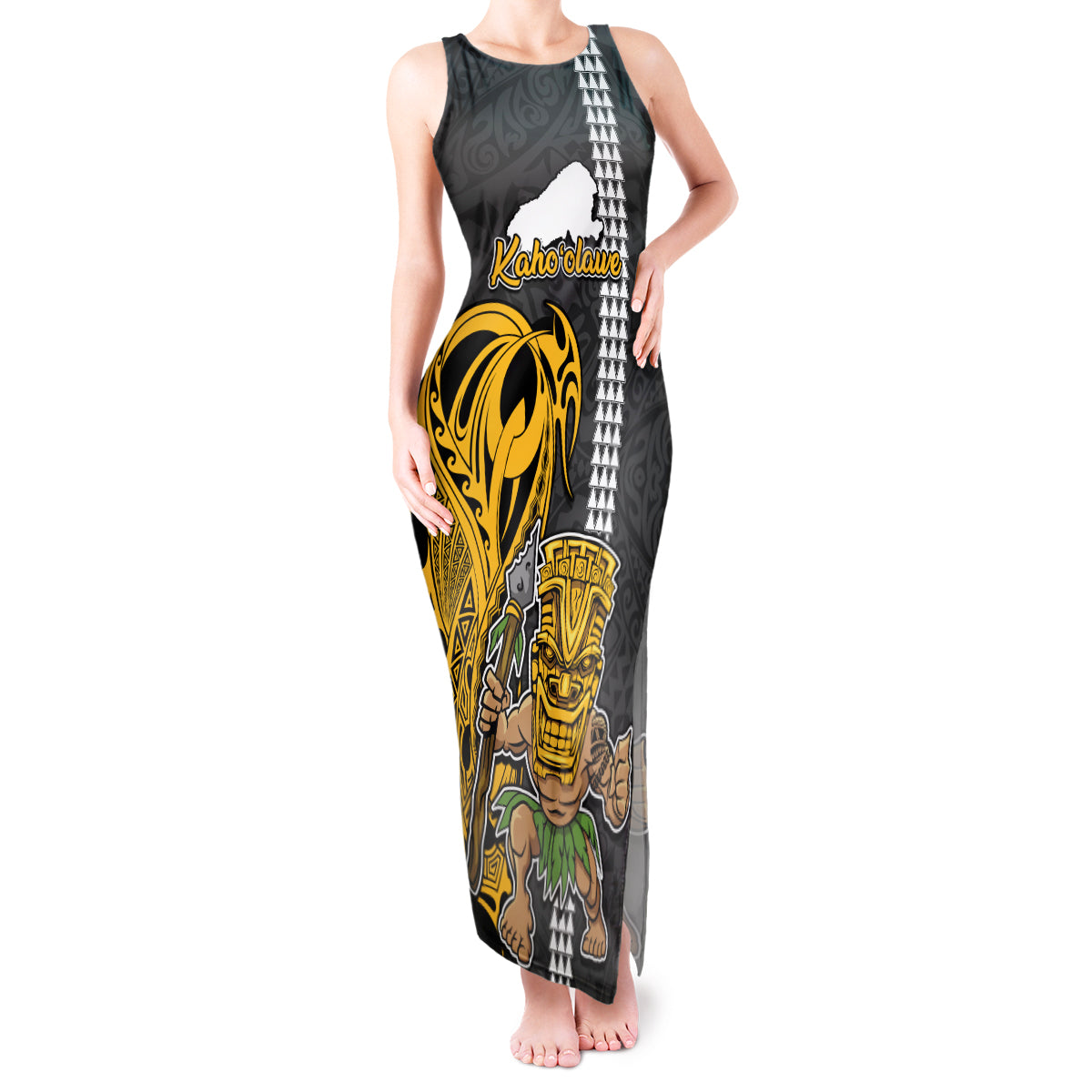 Custom Hawaii Kahoolawe Island Tank Maxi Dress Hawaiian Warrior and Kakau Symbols Abstract Tattoo LT03 Women Yellow - Polynesian Pride