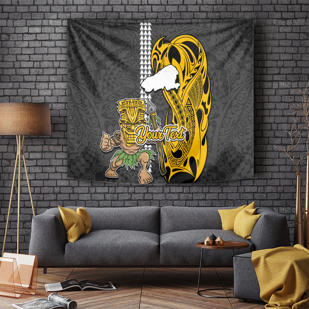 Custom Hawaii Kahoolawe Island Tapestry Hawaiian Warrior and Kakau Symbols Abstract Tattoo LT03 Yellow - Polynesian Pride