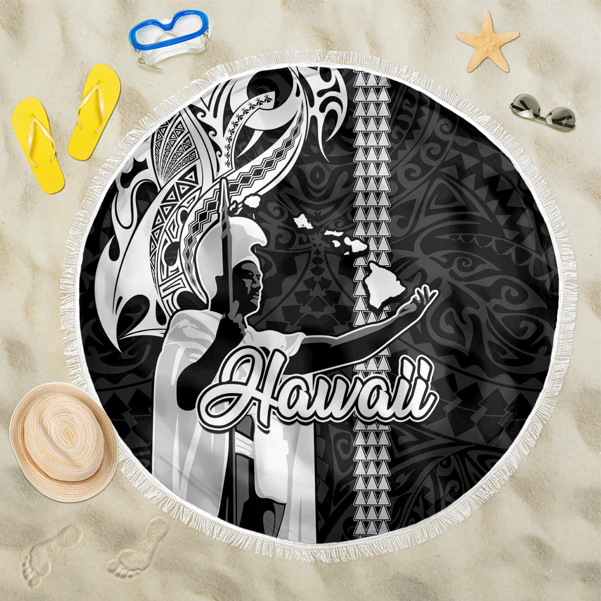 Hawaii Kahoolawe Island Beach Blanket Hawaiian King and Kakau Symbols Abstract Shoulder Tattoo LT03 One Size 150cm Black - Wonder Print Shop