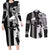 Hawaii Kahoolawe Island Couples Matching Long Sleeve Bodycon Dress and Long Sleeve Button Shirts Hawaiian King and Kakau Symbols Abstract Shoulder Tattoo LT03 Black - Polynesian Pride
