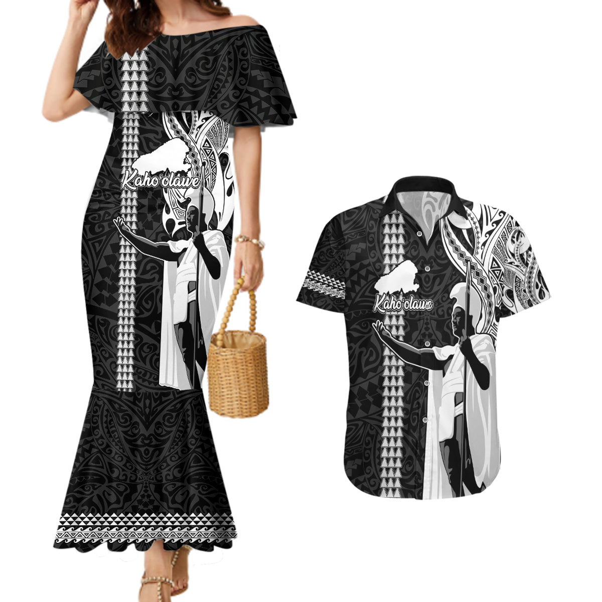 Hawaii Kahoolawe Island Couples Matching Mermaid Dress and Hawaiian Shirt Hawaiian King and Kakau Symbols Abstract Shoulder Tattoo LT03 Black - Polynesian Pride