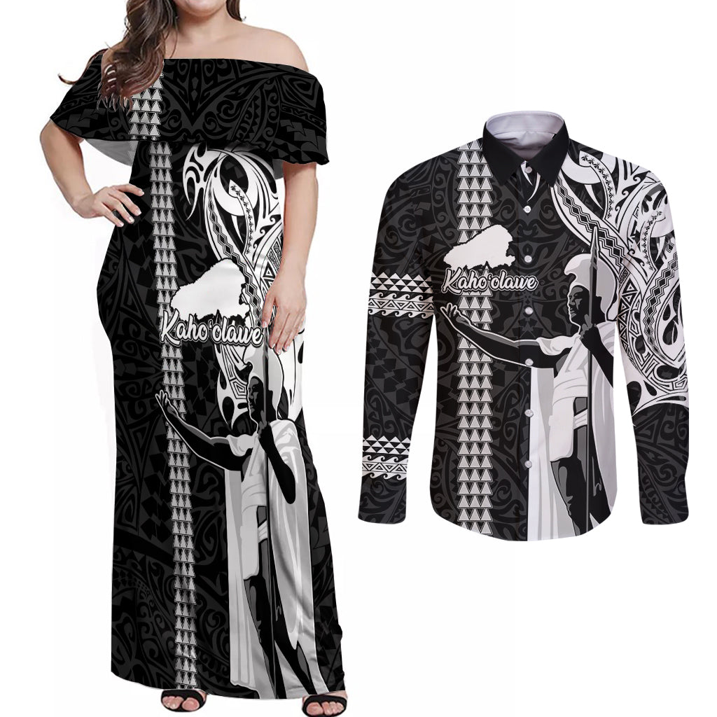 Hawaii Kahoolawe Island Couples Matching Off Shoulder Maxi Dress and Long Sleeve Button Shirts Hawaiian King and Kakau Symbols Abstract Shoulder Tattoo LT03 Black - Polynesian Pride