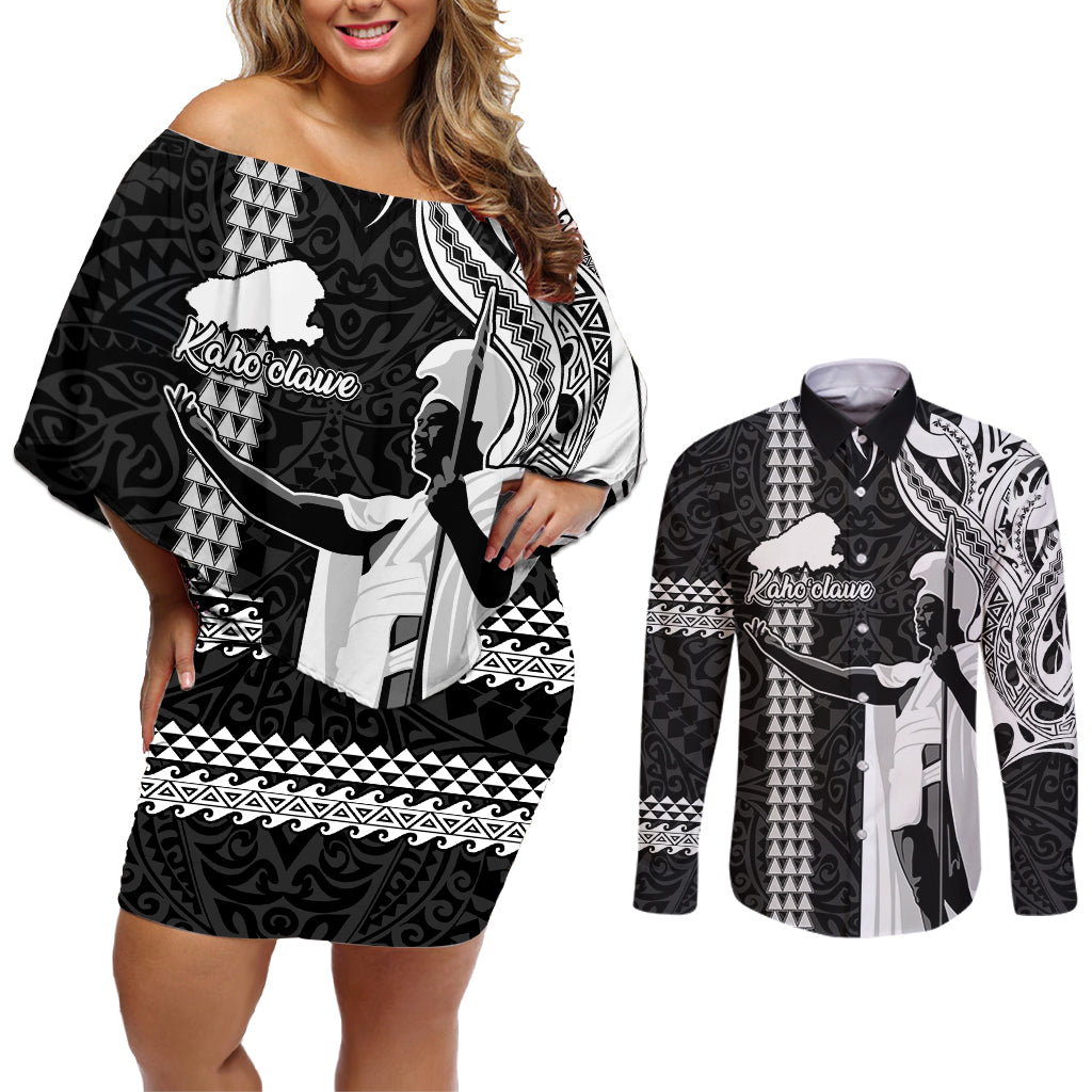 Hawaii Kahoolawe Island Couples Matching Off Shoulder Short Dress and Long Sleeve Button Shirts Hawaiian King and Kakau Symbols Abstract Shoulder Tattoo LT03 Black - Polynesian Pride