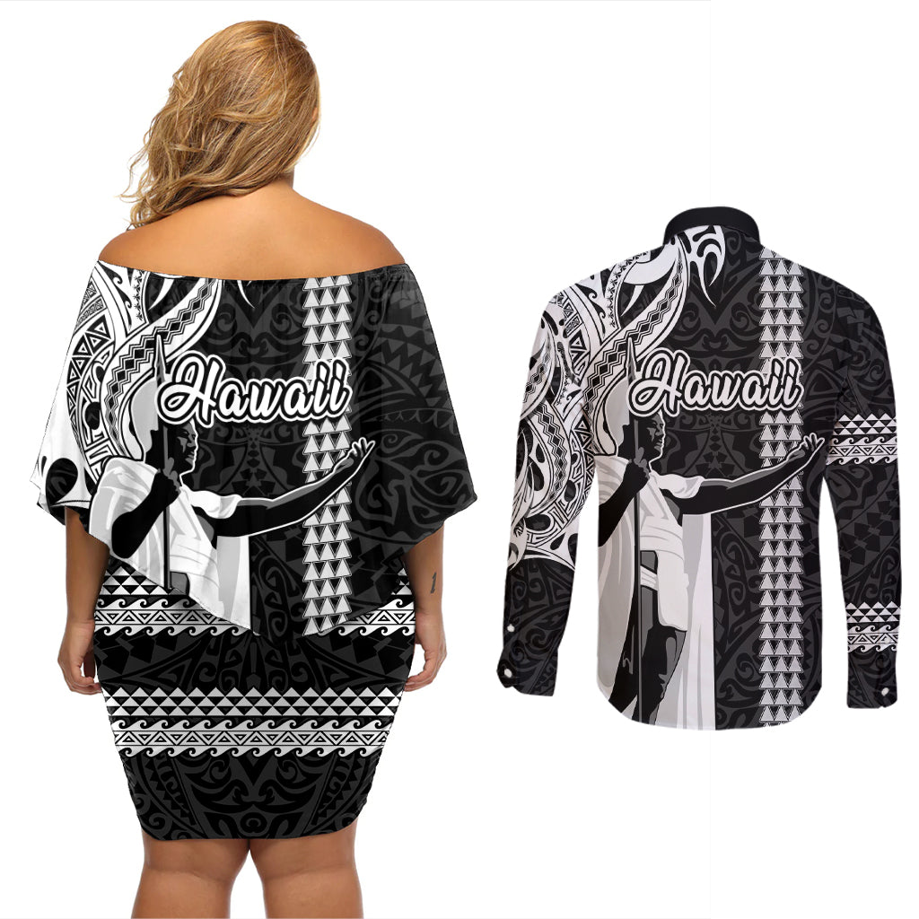 Hawaii Kahoolawe Island Couples Matching Off Shoulder Short Dress and Long Sleeve Button Shirts Hawaiian King and Kakau Symbols Abstract Shoulder Tattoo LT03 - Polynesian Pride