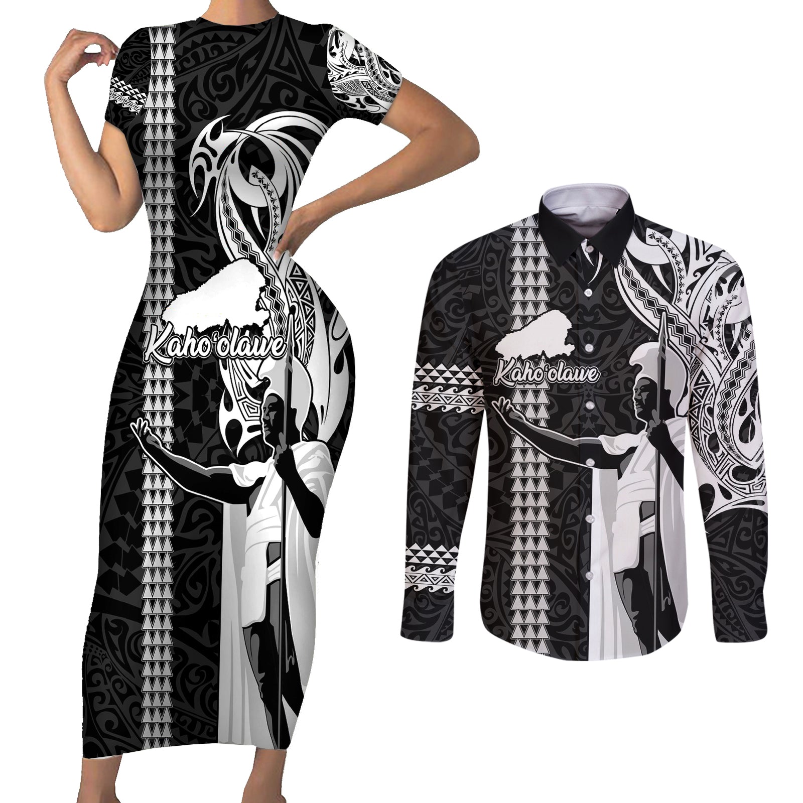 Hawaii Kahoolawe Island Couples Matching Short Sleeve Bodycon Dress and Long Sleeve Button Shirts Hawaiian King and Kakau Symbols Abstract Shoulder Tattoo LT03 Black - Polynesian Pride