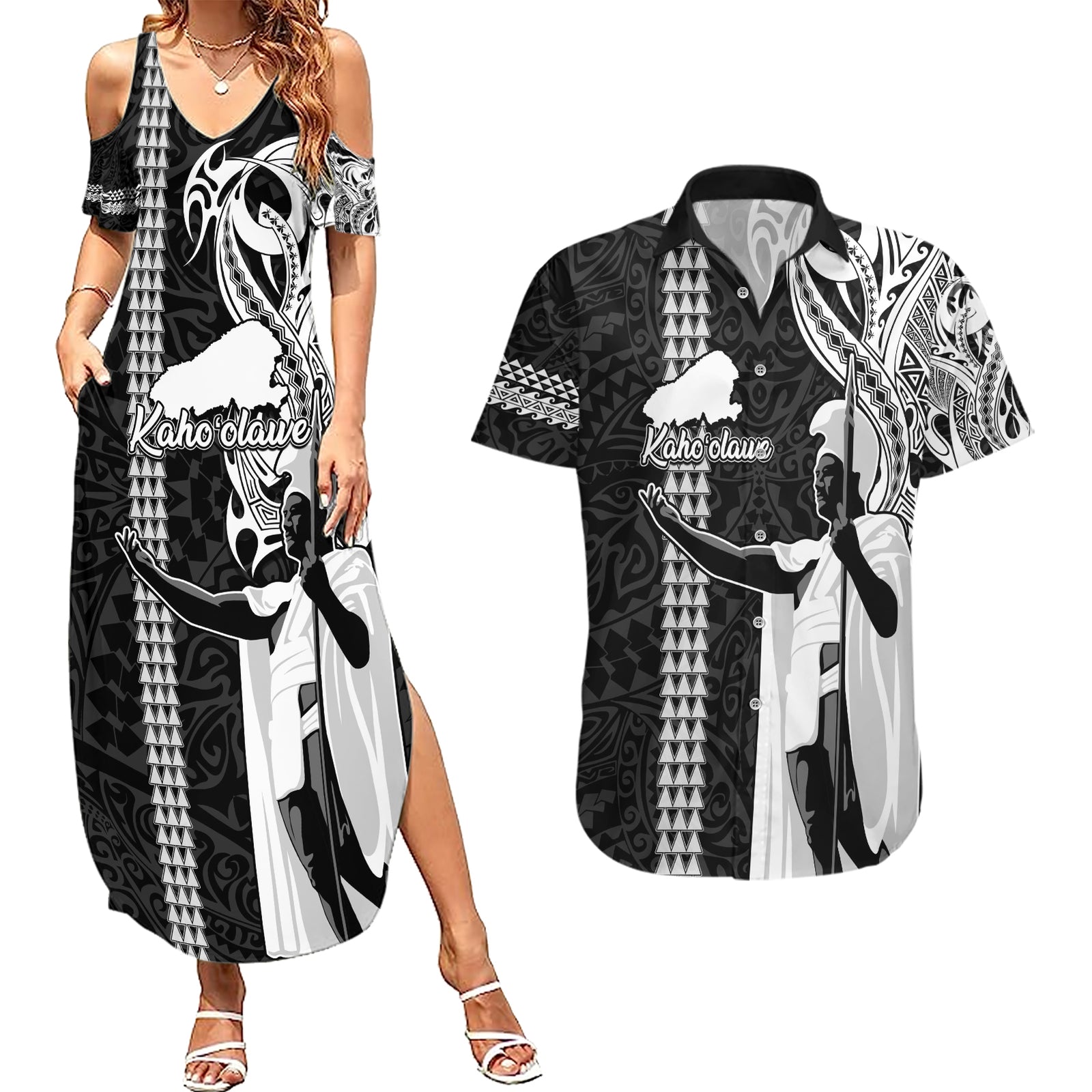 Hawaii Kahoolawe Island Couples Matching Summer Maxi Dress and Hawaiian Shirt Hawaiian King and Kakau Symbols Abstract Shoulder Tattoo LT03 Black - Polynesian Pride