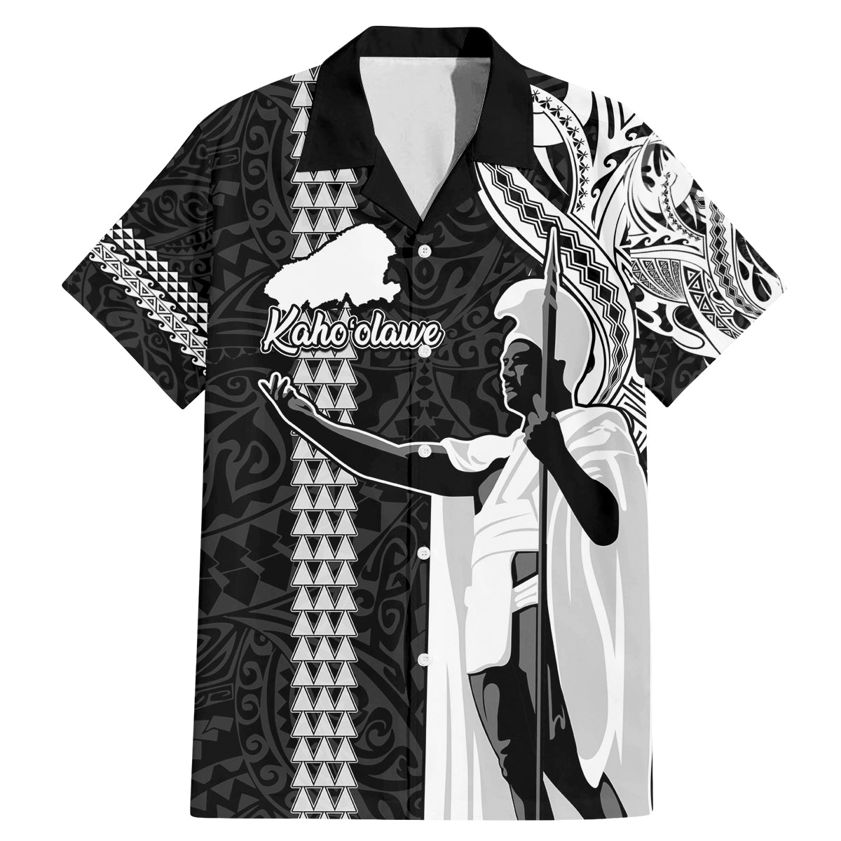 Hawaii Kahoolawe Island Family Matching Mermaid Dress and Hawaiian Shirt Hawaiian King and Kakau Symbols Abstract Shoulder Tattoo LT03 Dad's Shirt - Short Sleeve Black - Polynesian Pride