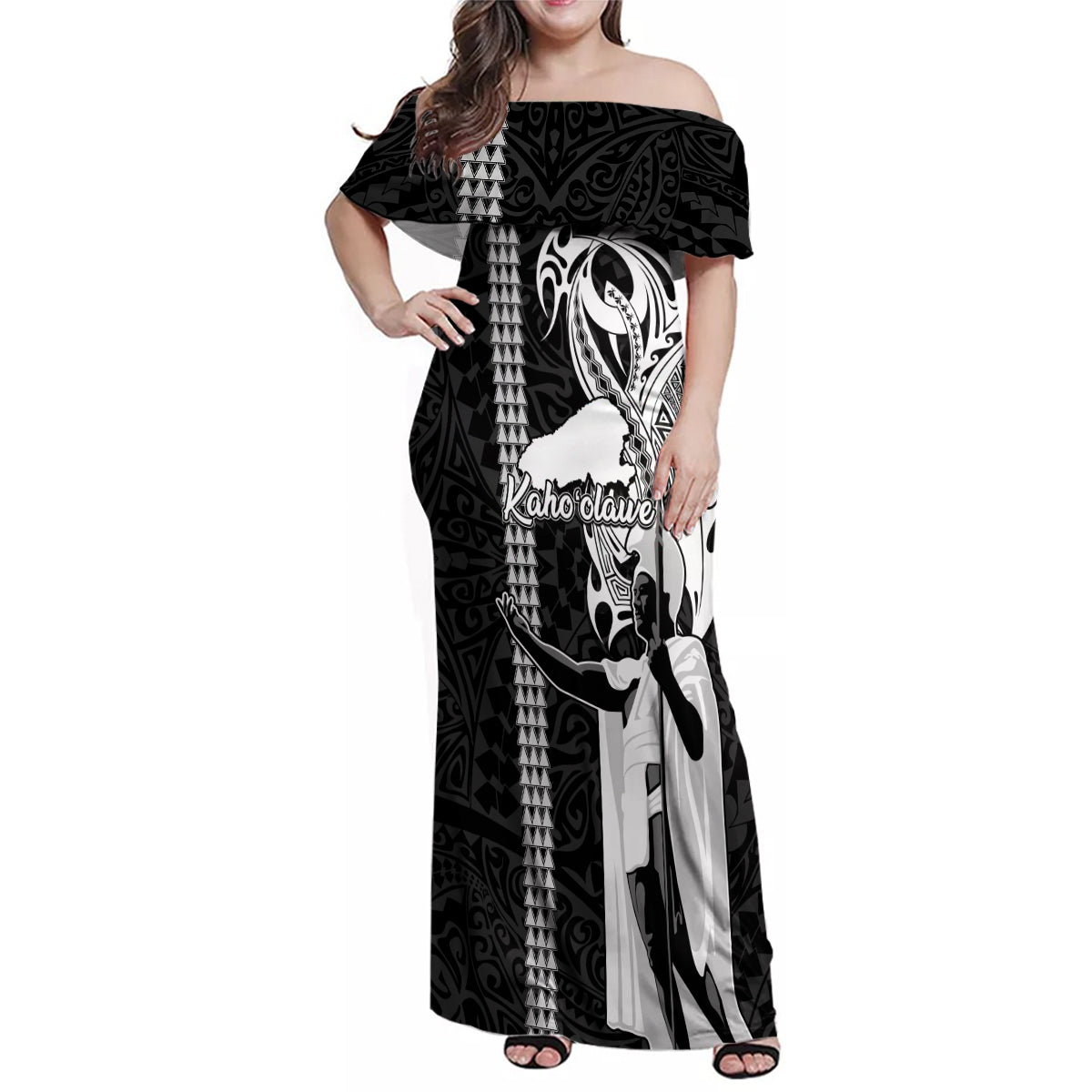 Hawaii Kahoolawe Island Family Matching Off Shoulder Maxi Dress and Hawaiian Shirt Hawaiian King and Kakau Symbols Abstract Shoulder Tattoo LT03 Mom's Dress Black - Polynesian Pride