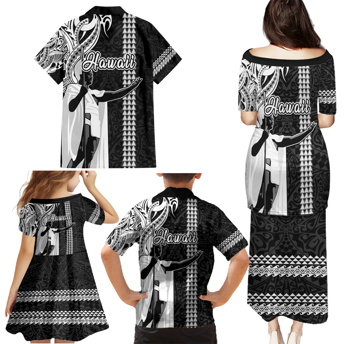 Hawaii Kahoolawe Island Family Matching Puletasi Dress and Hawaiian Shirt Hawaiian King and Kakau Symbols Abstract Shoulder Tattoo LT03 - Polynesian Pride