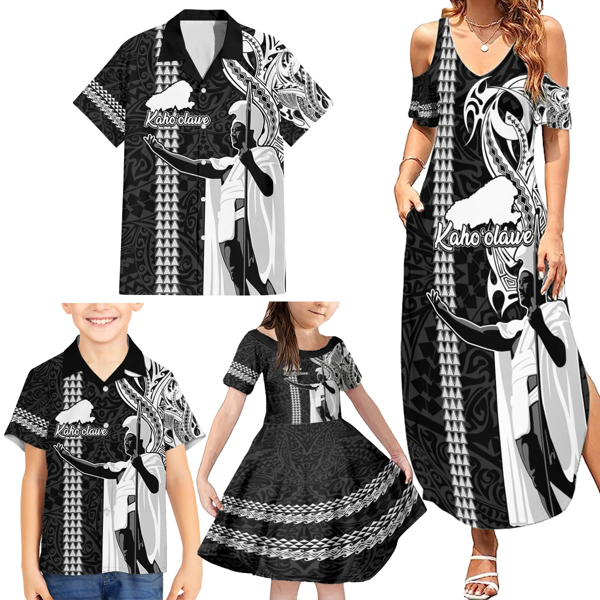 Hawaii Kahoolawe Island Family Matching Summer Maxi Dress and Hawaiian Shirt Hawaiian King and Kakau Symbols Abstract Shoulder Tattoo LT03 - Polynesian Pride