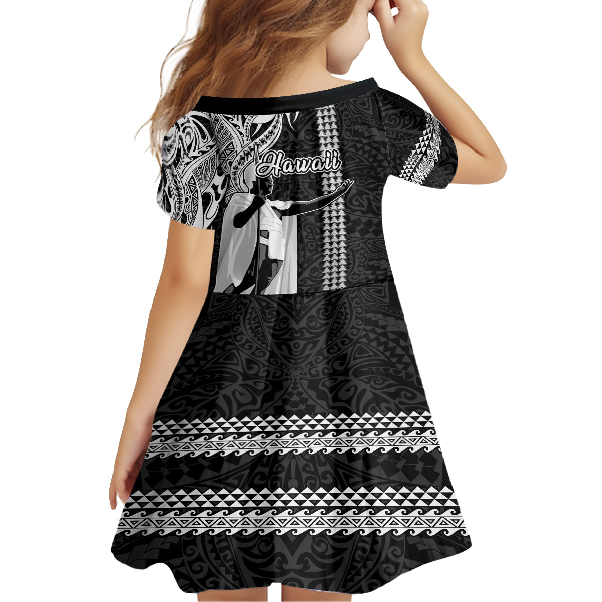 Hawaii Kahoolawe Island Kid Short Sleeve Dress Hawaiian King and Kakau Symbols Abstract Shoulder Tattoo LT03 - Polynesian Pride