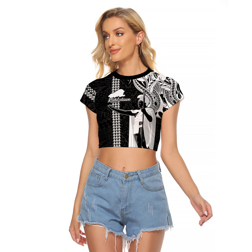 Hawaii Kahoolawe Island Raglan Cropped T Shirt Hawaiian King and Kakau Symbols Abstract Shoulder Tattoo LT03 Female Black - Polynesian Pride