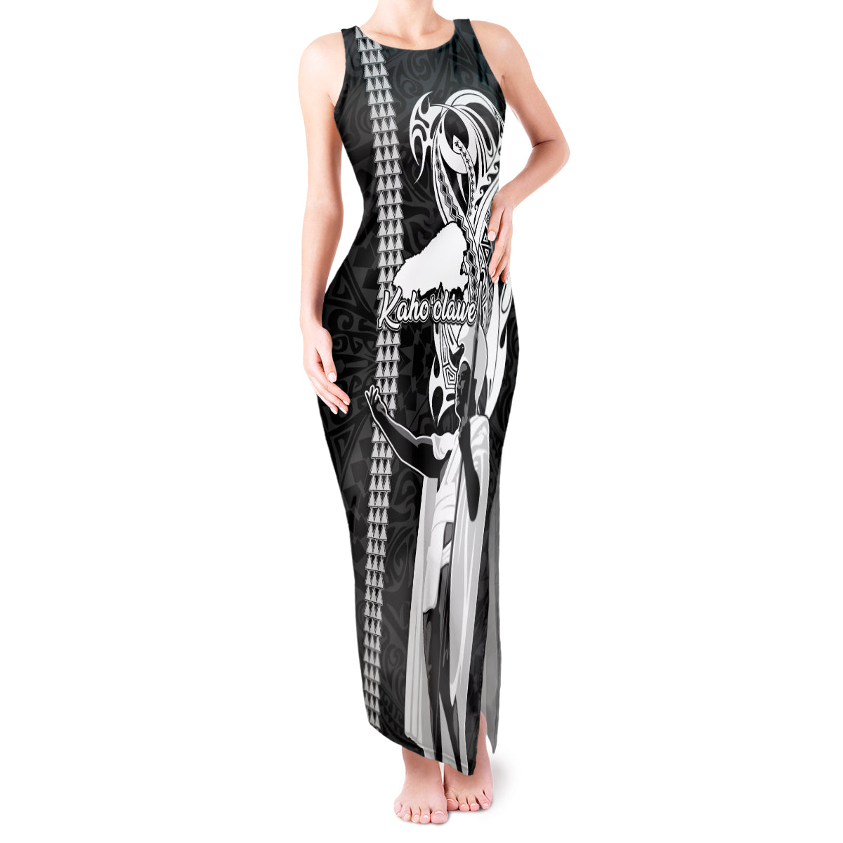 Hawaii Kahoolawe Island Tank Maxi Dress Hawaiian King and Kakau Symbols Abstract Shoulder Tattoo LT03 Women Black - Polynesian Pride