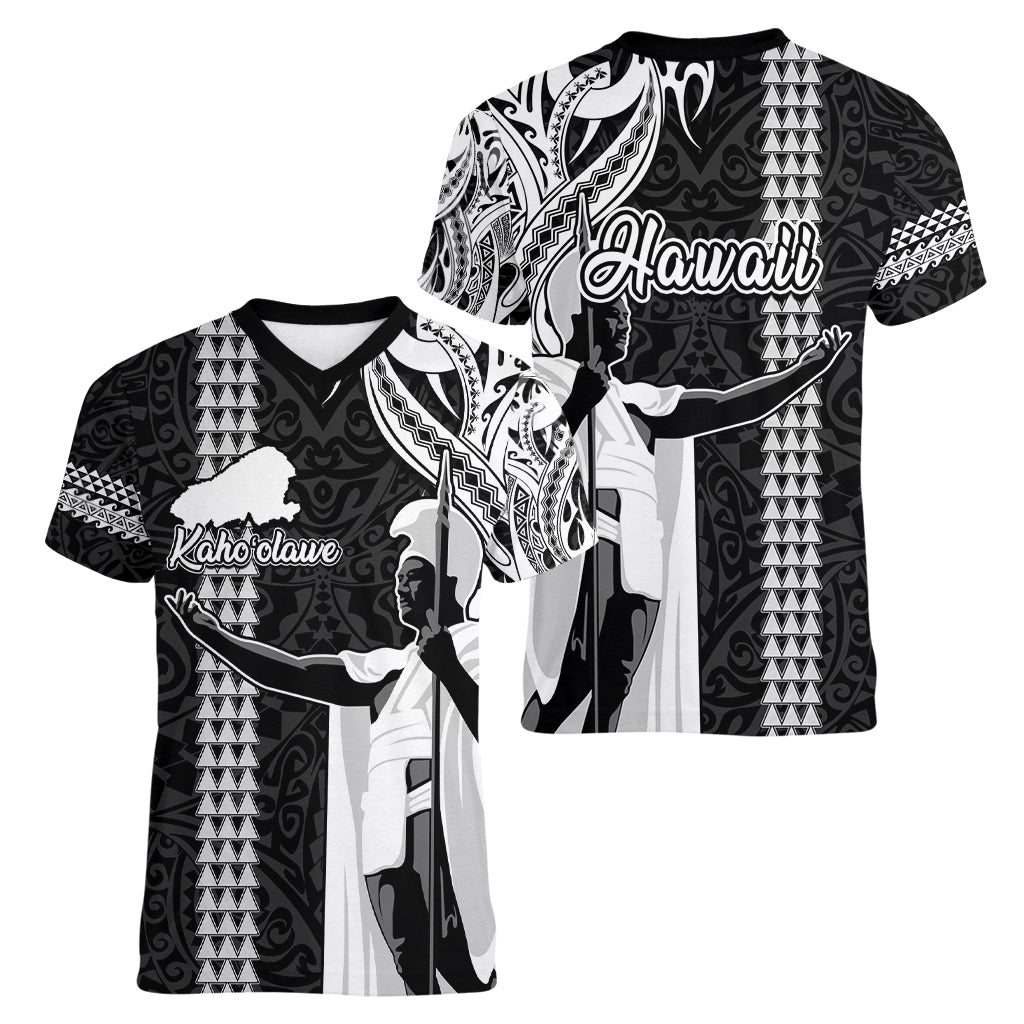 Hawaii Kahoolawe Island Women V Neck T Shirt Hawaiian King and Kakau Symbols Abstract Shoulder Tattoo LT03 - Polynesian Pride