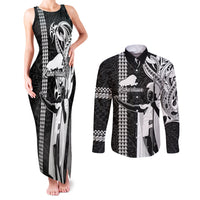 Custom Hawaii Kahoolawe Island Couples Matching Tank Maxi Dress and Long Sleeve Button Shirts Hawaiian King and Kakau Symbols Abstract Shoulder Tattoo LT03 Black - Polynesian Pride