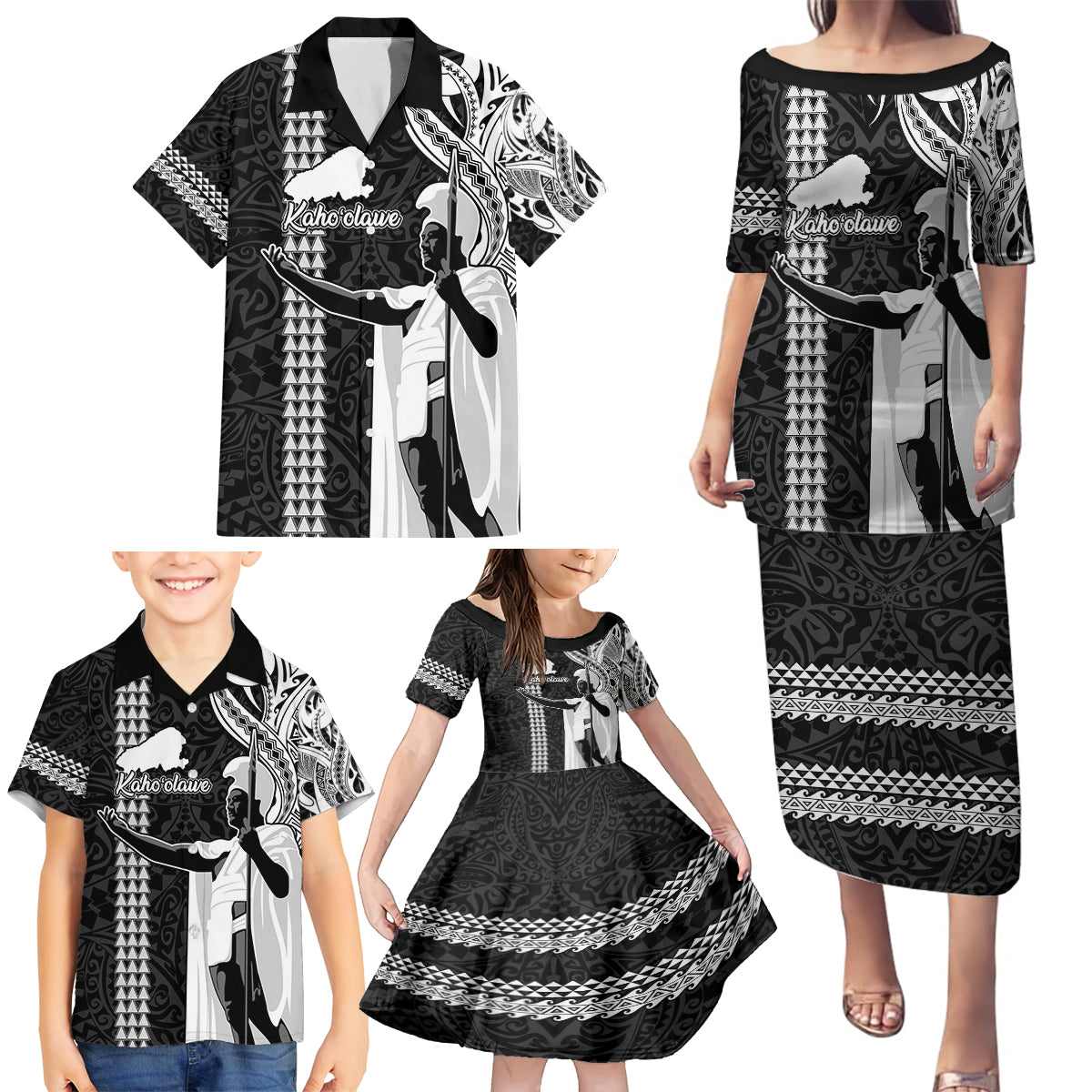 Custom Hawaii Kahoolawe Island Family Matching Puletasi Dress and Hawaiian Shirt Hawaiian King and Kakau Symbols Abstract Shoulder Tattoo LT03 - Polynesian Pride