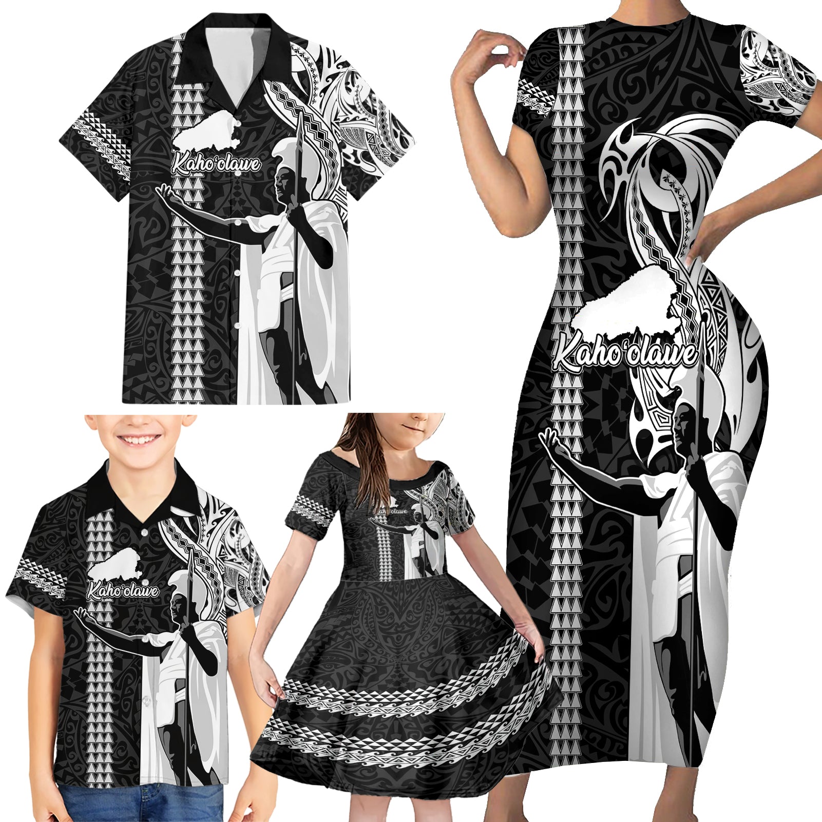 Custom Hawaii Kahoolawe Island Family Matching Short Sleeve Bodycon Dress and Hawaiian Shirt Hawaiian King and Kakau Symbols Abstract Shoulder Tattoo LT03 - Polynesian Pride