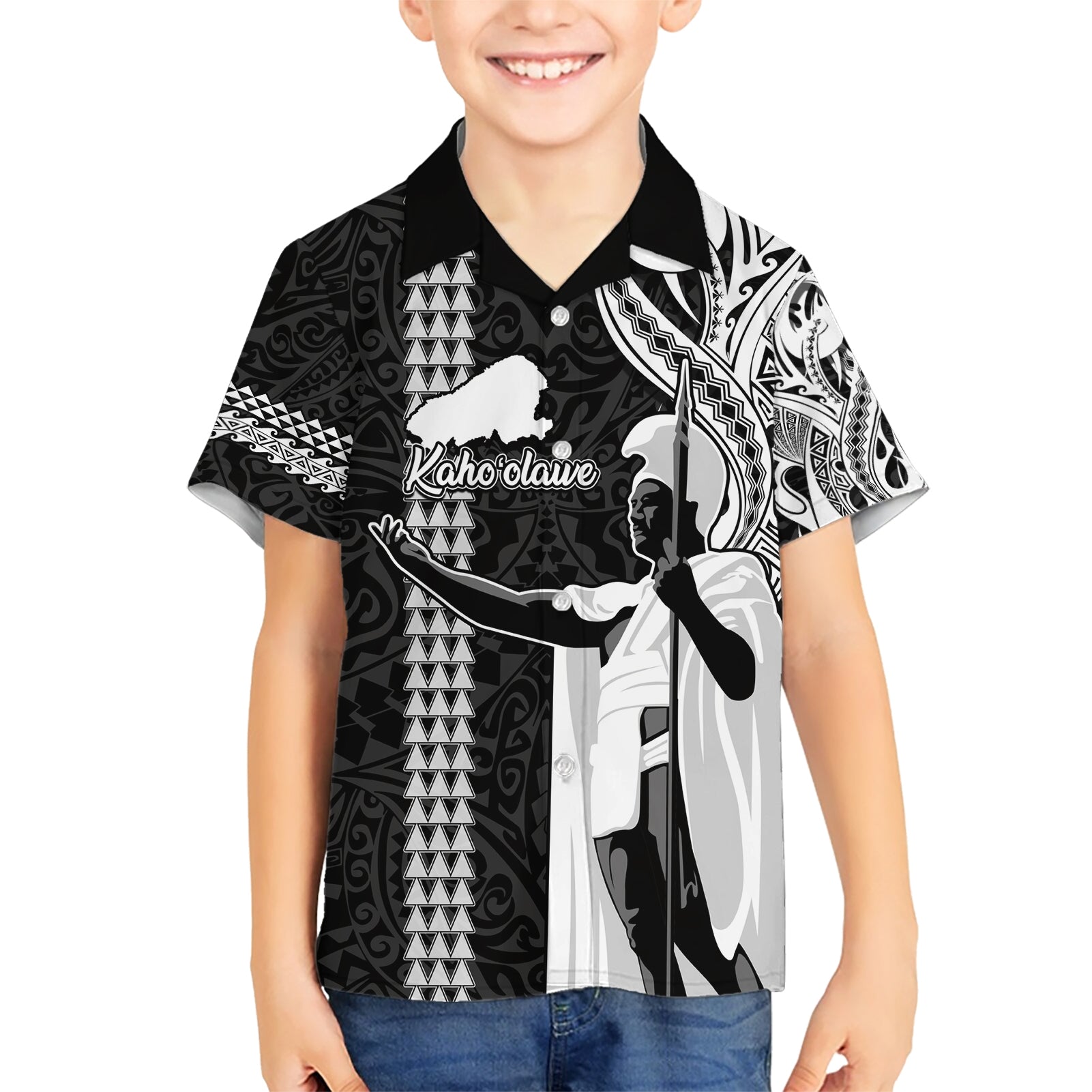 Custom Hawaii Kahoolawe Island Kid Hawaiian Shirt Hawaiian King and Kakau Symbols Abstract Shoulder Tattoo LT03 Kid Black - Polynesian Pride