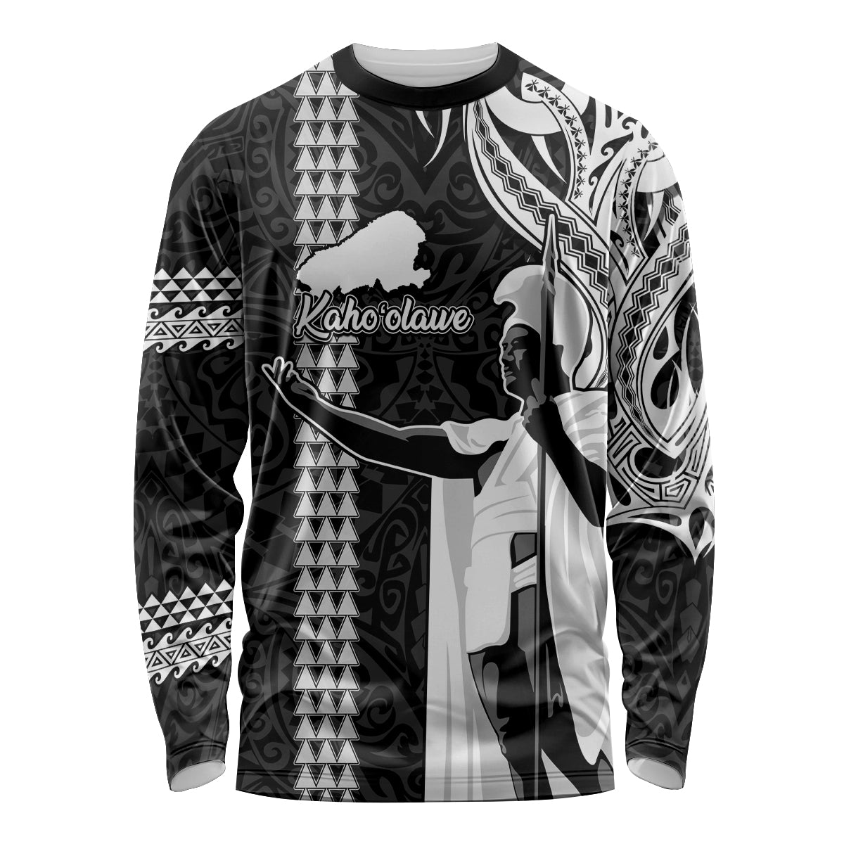 Custom Hawaii Kahoolawe Island Long Sleeve Shirt Hawaiian King and Kakau Symbols Abstract Shoulder Tattoo LT03 Unisex Black - Polynesian Pride