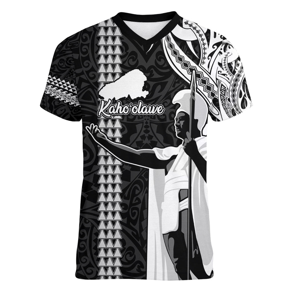 Custom Hawaii Kahoolawe Island Women V Neck T Shirt Hawaiian King and Kakau Symbols Abstract Shoulder Tattoo LT03 Female Black - Polynesian Pride