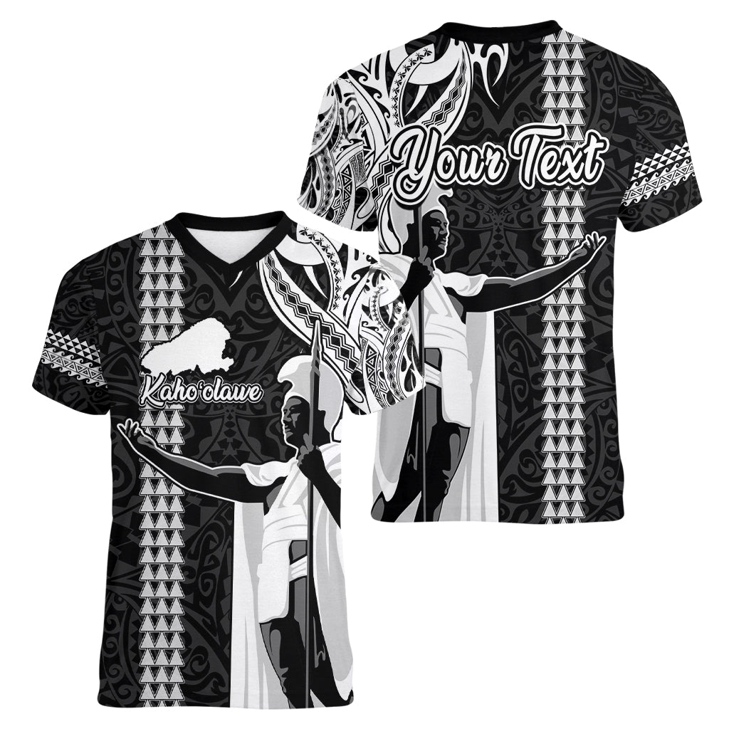 Custom Hawaii Kahoolawe Island Women V Neck T Shirt Hawaiian King and Kakau Symbols Abstract Shoulder Tattoo LT03 - Polynesian Pride