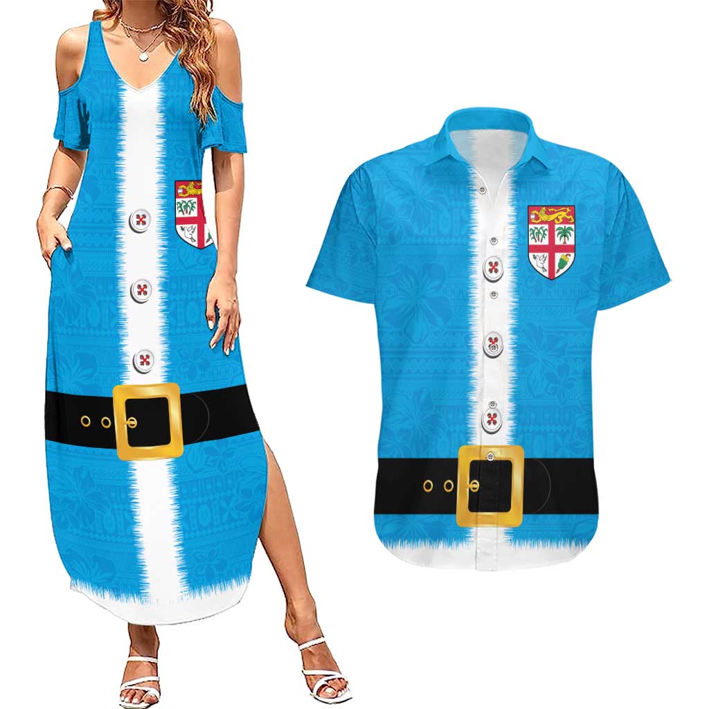 Fiji Merry Christmas Couples Matching Summer Maxi Dress and Hawaiian Shirt Santa Suit Style With Tapa Tribal Pattern