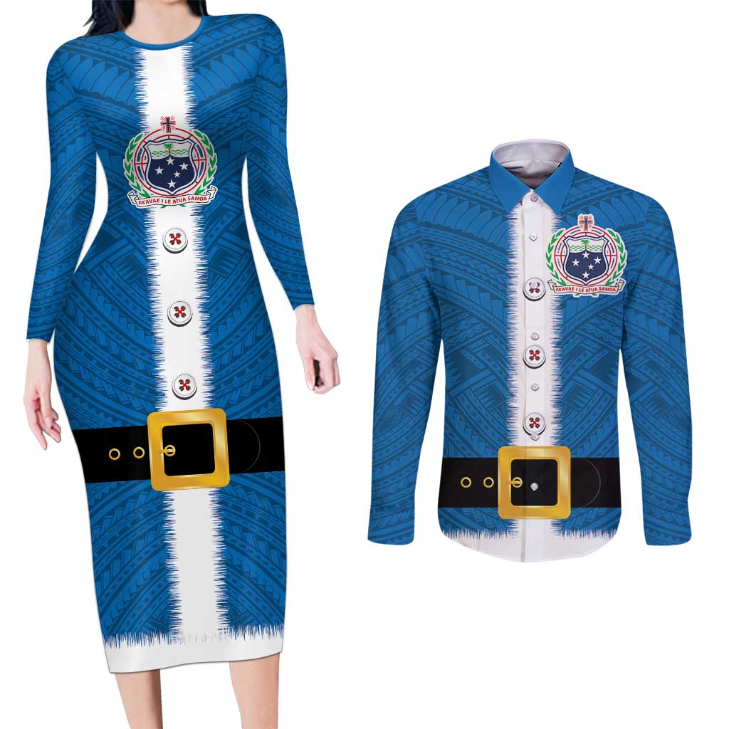 Samoa Merry Christmas Couples Matching Long Sleeve Bodycon Dress and Long Sleeve Button Shirt Santa Suit Style With Tatau Tattoo Pattern