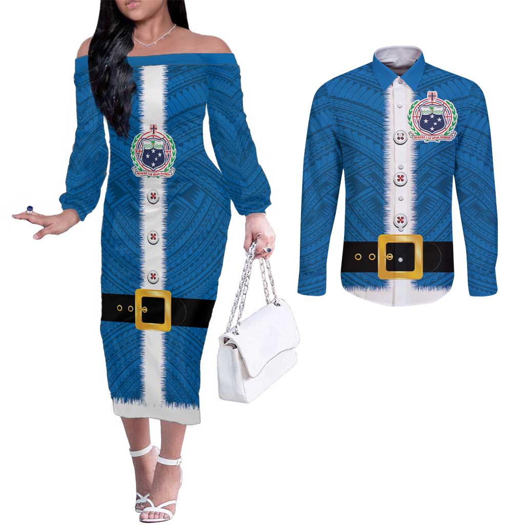 Samoa Merry Christmas Couples Matching Off The Shoulder Long Sleeve Dress and Long Sleeve Button Shirt Santa Suit Style With Tatau Tattoo Pattern