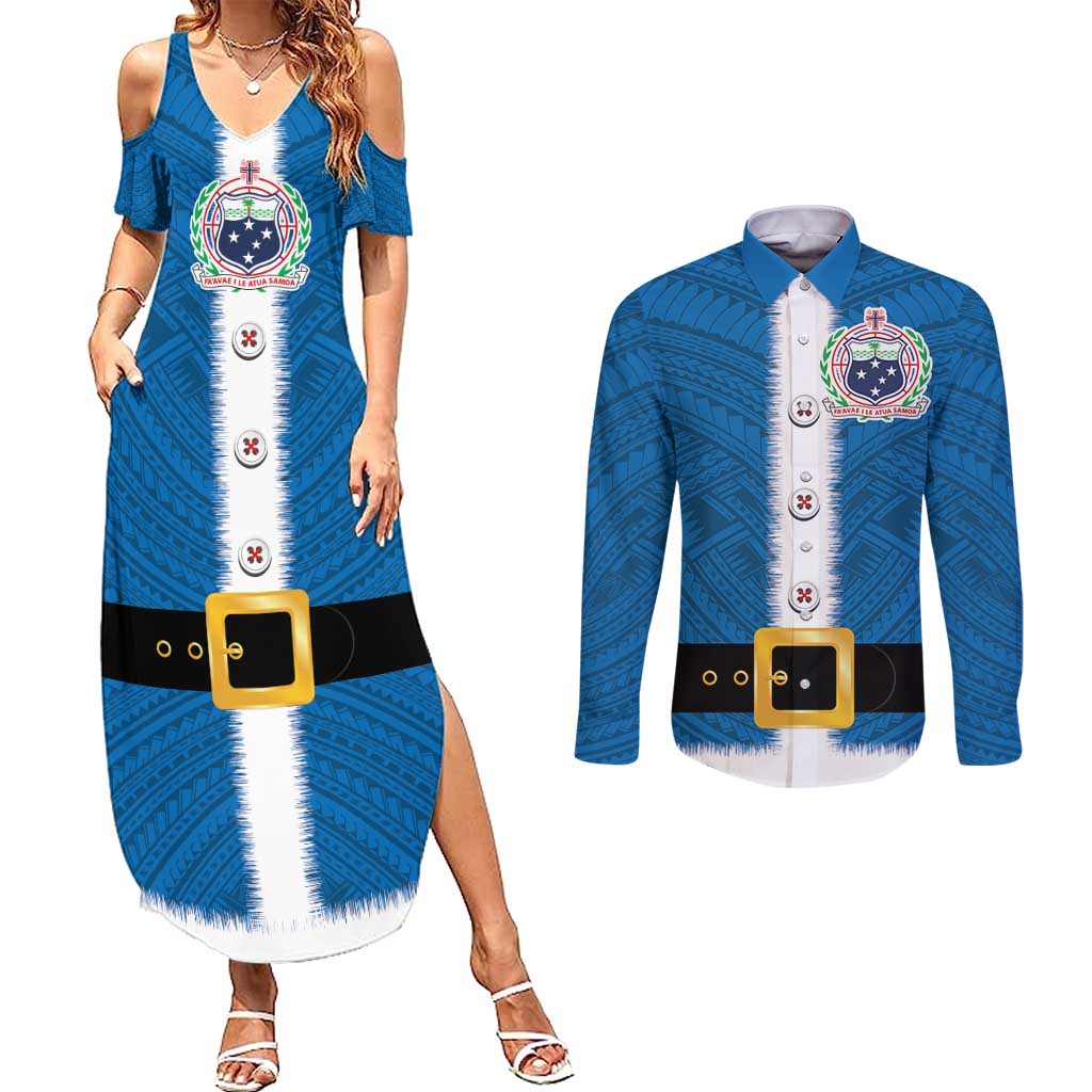 Samoa Merry Christmas Couples Matching Summer Maxi Dress and Long Sleeve Button Shirt Santa Suit Style With Tatau Tattoo Pattern