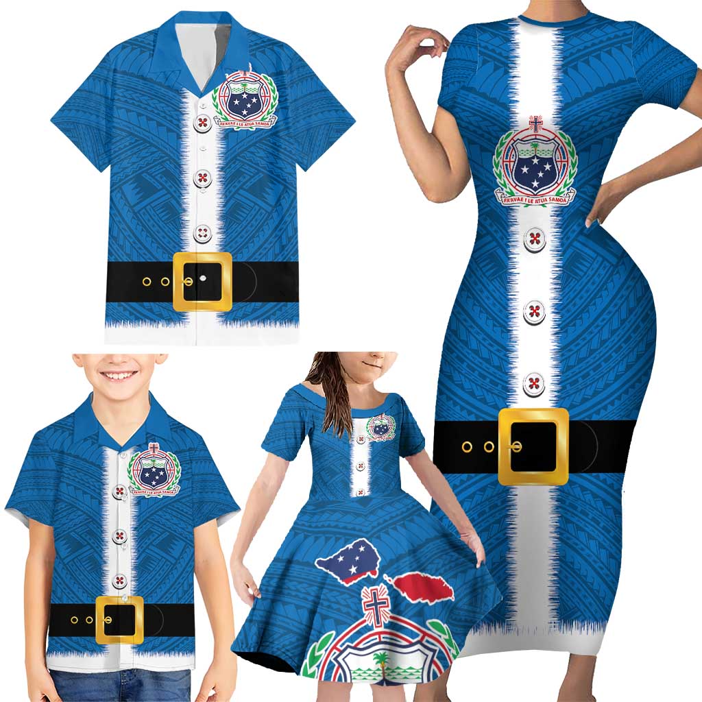 Samoa Merry Christmas Family Matching Short Sleeve Bodycon Dress and Hawaiian Shirt Santa Suit Style With Tatau Tattoo Pattern