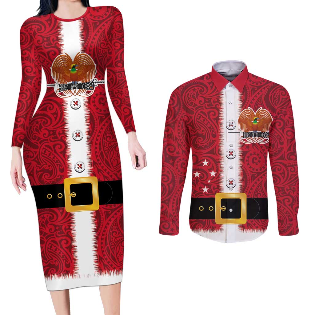 Papua New Guinea Merry Christmas Couples Matching Long Sleeve Bodycon Dress and Long Sleeve Button Shirt Santa Suit Style With Melanesian Pattern